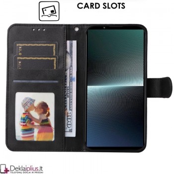Dirbtinės odos atverčiamas dėklas su skyreliais - juodas (Sony Xperia 1 V)